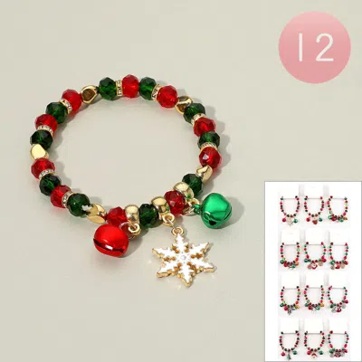 Fashnzfab 12pcs - Christmas Charm Bell Beaded Stretch Bracelets - Assorted In Multi