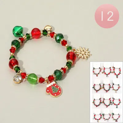Fashnzfab 12pcs - Christmas Charm Bell Beaded Stretch Bracelets Assorted In Multi