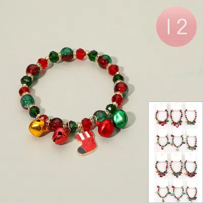Fashnzfab 12pcs - Christmas Charm Bell Beaded Stretch Bracelets In Multi