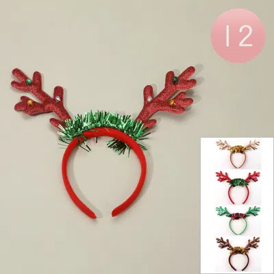 Fashnzfab 12pcs - Christmas Tinsel Bell Embellished Sparkled Reindeer Antler Headbands In Red