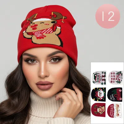 Fashnzfab 12pcs - Christmas Winter Beanie Hats In Red