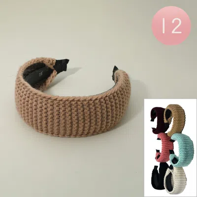 Fashnzfab 12pcs - Chunky Knit Textured Wide Headbands In Brown