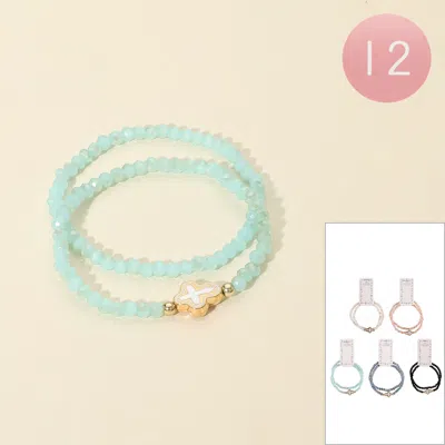Fashnzfab 12pcs - Cross Charm Accent Faceted Beaded Multi Layered Bracelets Assorted In Blue