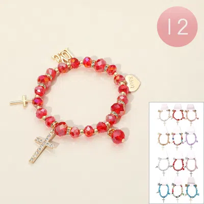 Fashnzfab 12pcs - Cross Heart Love Charm Faceted Beaded Stretch Bracelets Assorted In Multi