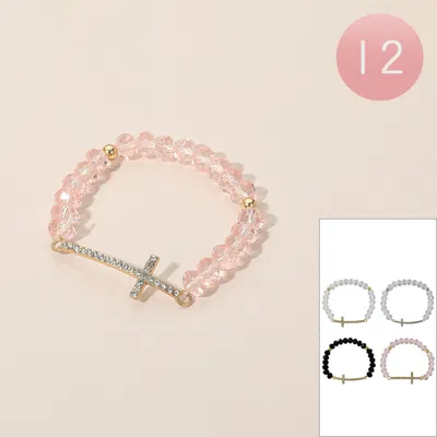 Fashnzfab 12pcs - Crystal Cross Charm Beaded Stretch Bracelets In Pink