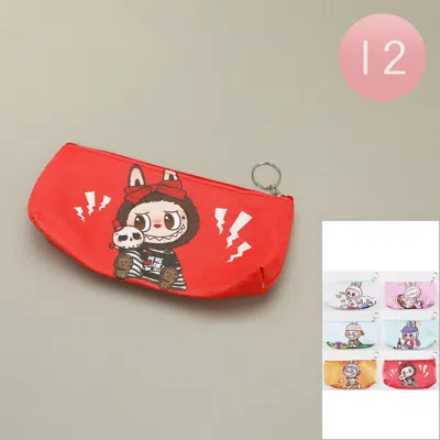 Fashnzfab 12pcs - Cute Monster Bunny Character Printed Keychain Pencil Cases Mini Pouch Bags In Multi
