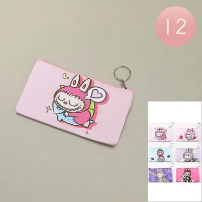 Fashnzfab 12pcs - Cute Monster Bunny Character Printed Keychain Pencil Cases / Mini Pouch Bags In Multi