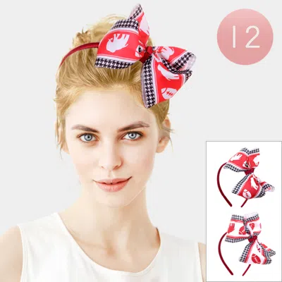 Fashnzfab 12pcs - Elephant Football Print Houndstooth Bow Headbands In Red