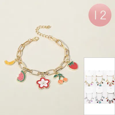 Fashnzfab 12pcs - Enamel Banana Watermelon Cherry Strawberry Flower Charm Station Paperclip Chain Bracelets As In Multi