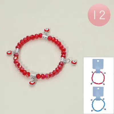 Fashnzfab 12pcs - Evil Eye Charm Faceted Beaded Stretch Bracelets In Red