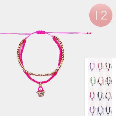 Fashnzfab 12pcs - Evil Eye Hamsa Hand Charm Pointed Layered Cinch Pull Tie Bracelets In Pink