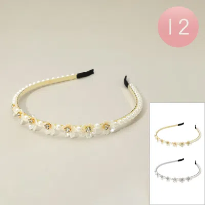 Fashnzfab 12pcs - Floral Pearl Headbands 0.6" In Neutral