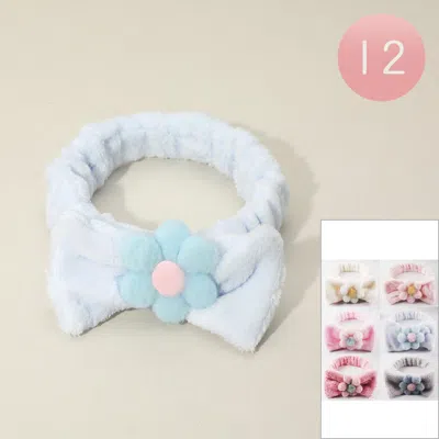 Fashnzfab 12pcs - Flower Accent Soft Stretch Plush Bow Headbands In Blue