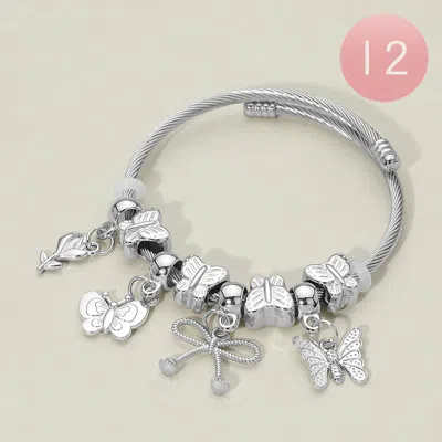 Fashnzfab 12pcs - Flower Bow Butterfly Charm Beaded Adjustable Cable Bracelets In White