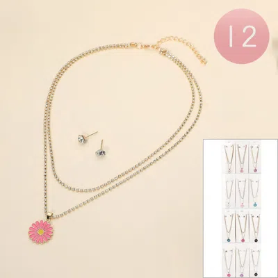 Fashnzfab 12pcs - Flower Pendant Accent Layered Tennis Chain Necklaces - Assorted In Multi
