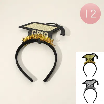 Fashnzfab 12pcs - Glittered Grad Message Tinsel Graduation Hat Headbands In Black