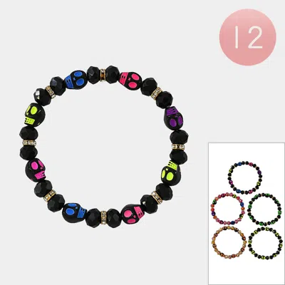 Fashnzfab 12pcs - Halloween Skull Beaded Stretch Bracelets Assorted In Black