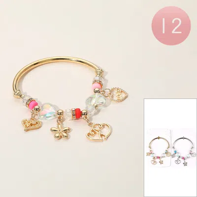 Fashnzfab 12pcs - Heart Flower Love Message Charm Stretch Bracelets In Gold