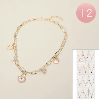 Fashnzfab 12pcs - Heart Lock Pearl Stone Charm Station Paperclip Chain Necklaces - Assorted In Multi