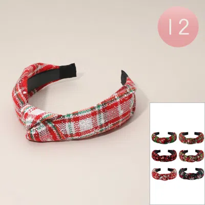 Fashnzfab 12pcs - Holiday Plaid Pattern Knot Headbands In Red