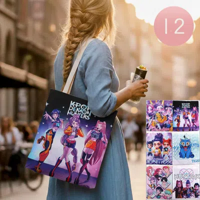 Fashnzfab 12pcs - Kpop Demon Hunters Huntrix Derpy Tiger Graphic Printed Tote Bags In Multi
