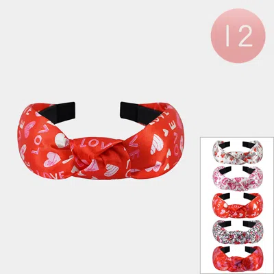 Fashnzfab 12pcs - Love Heart Printed Knot Satin Like Headbands - Assorted In Multi