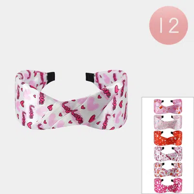 Fashnzfab 12pcs - Love Heart Printed Knot Satin Like Headbands In Multi