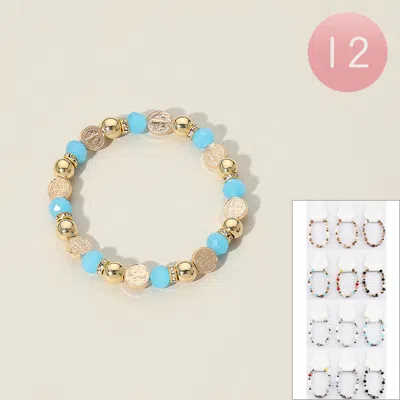 Fashnzfab 12pcs - Metal Religious Medal Faceted Beaded Stretch Bracelets Assorted In Multi