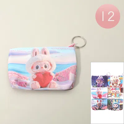 Fashnzfab 12pcs - Monster Bunny Character Printed Mini Keychain Coin Purse Bags In Multi