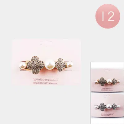 Fashnzfab 12pcs - Pearl Accented Rhinestone Embellished Quatrefoil Barrettes In Gold