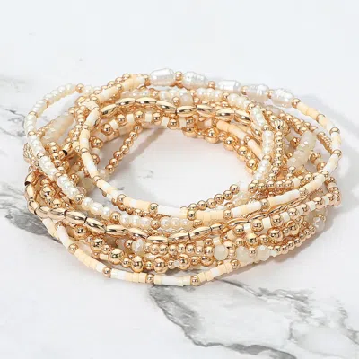 Fashnzfab 12pcs - Pearl Metal Ball Seed Faceted Beaded Stretch Multi Layered Bracelets In Gold