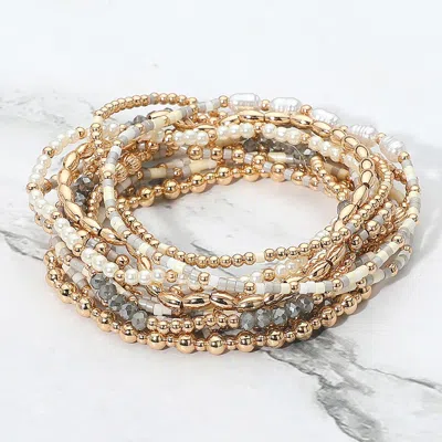 Fashnzfab 12pcs - Pearl Metal Ball Seed Faceted Beaded Stretch Multi Layered Bracelets In Gold