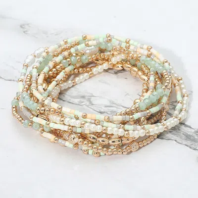 Fashnzfab 12pcs - Pearl Metal Ball Seed Faceted Beaded Stretch Multi Layered Bracelets In Green