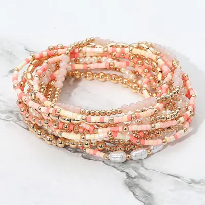Fashnzfab 12pcs - Pearl Metal Ball Seed Faceted Beaded Stretch Multi Layered Bracelets In Pink