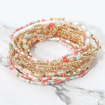 Fashnzfab 12pcs - Pearl Metal Ball Seed Faceted Beaded Stretch Multi Layered Bracelets In Silver