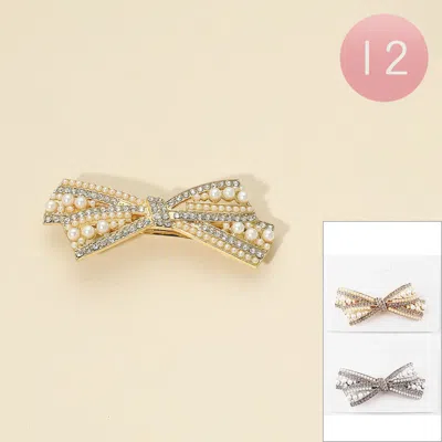 Fashnzfab 12pcs - Pearl Rhinestone Bow Barrettes In Gold