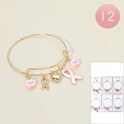 Fashnzfab 12pcs - Pink Ribbon Heart Charm Bangle Bracelets Assorted In Multi