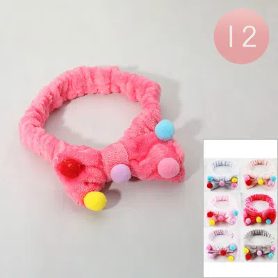 Fashnzfab 12pcs - Pom Pom Bow Stretch Headbands In Pink