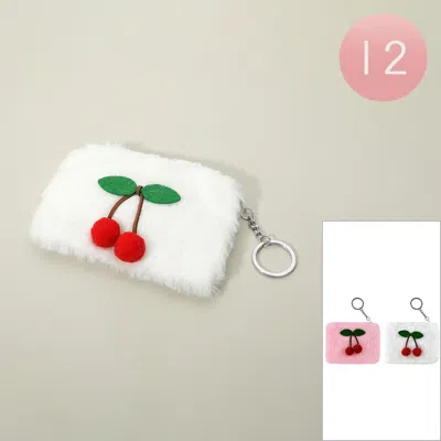 Fashnzfab 12pcs - Pom Pom Cherry Accent Fur Mini Pouch Bags In Multi