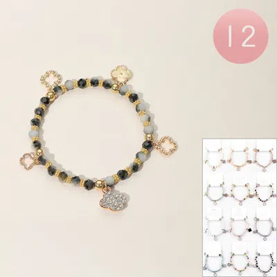 Fashnzfab 12pcs - Quatrefoil Charm Faceted Beaded Stretch Bracelets Assorted In Gold