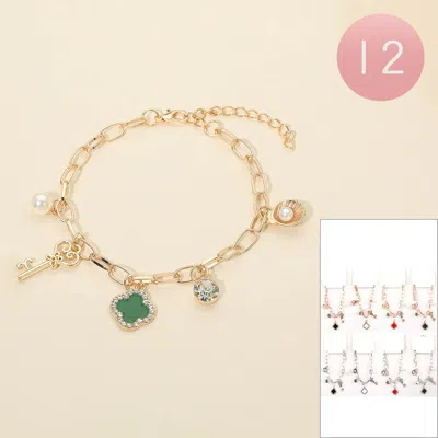 Fashnzfab 12pcs - Quatrefoil Key Pearl Shell Charm Station Paperclip Chain Bracelets In Gold