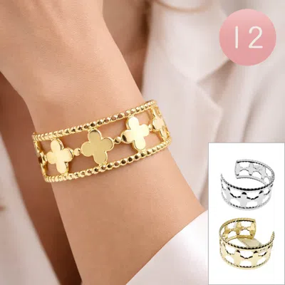 Fashnzfab 12pcs - Quatrefoil Motif Open Cuff Bracelets In Gold