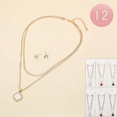 Fashnzfab 12pcs - Quatrefoil Pendant Accent Layered Tennis Chain Necklaces - Assorted In Multi