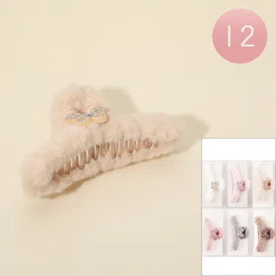 Fashnzfab 12pcs - Rhinestone Butterfly Accent Fuzzy Fur Plush Hair Claw Clips In Neutral