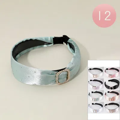 Fashnzfab 12pcs - Rhinestone Paved Buckle Accent Satin Headbands In Green
