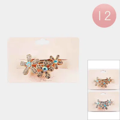 Fashnzfab 12pcs - Rhinestone Paved Triple Flower Barrettes In Gold