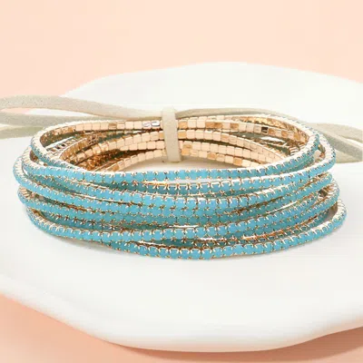 Fashnzfab 12pcs - Ribbon Colorful Rhinestone Layered Stretch Bracelets - Blue, Gold