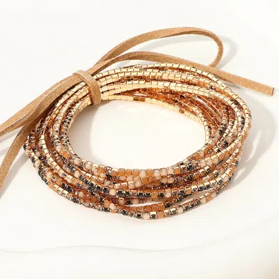 Fashnzfab 12pcs - Ribbon Colorful Rhinestone Layered Stretch Bracelets - Gold