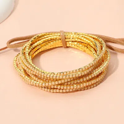 Fashnzfab 12pcs - Ribbon Colorful Rhinestone Layered Stretch Bracelets - Gold In Brown