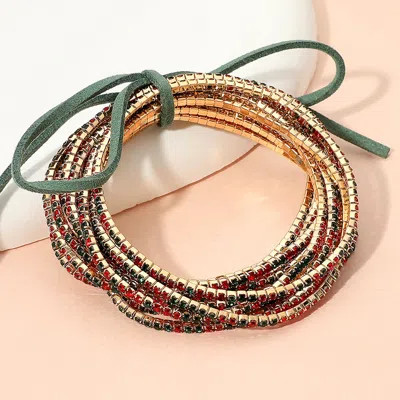 Fashnzfab 12pcs - Ribbon Colorful Rhinestone Layered Stretch Bracelets - Gold In Multi